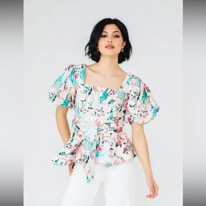 Chloe Kristyn Puff-Sleeve Square Neck Peplum Top - Peacock Print